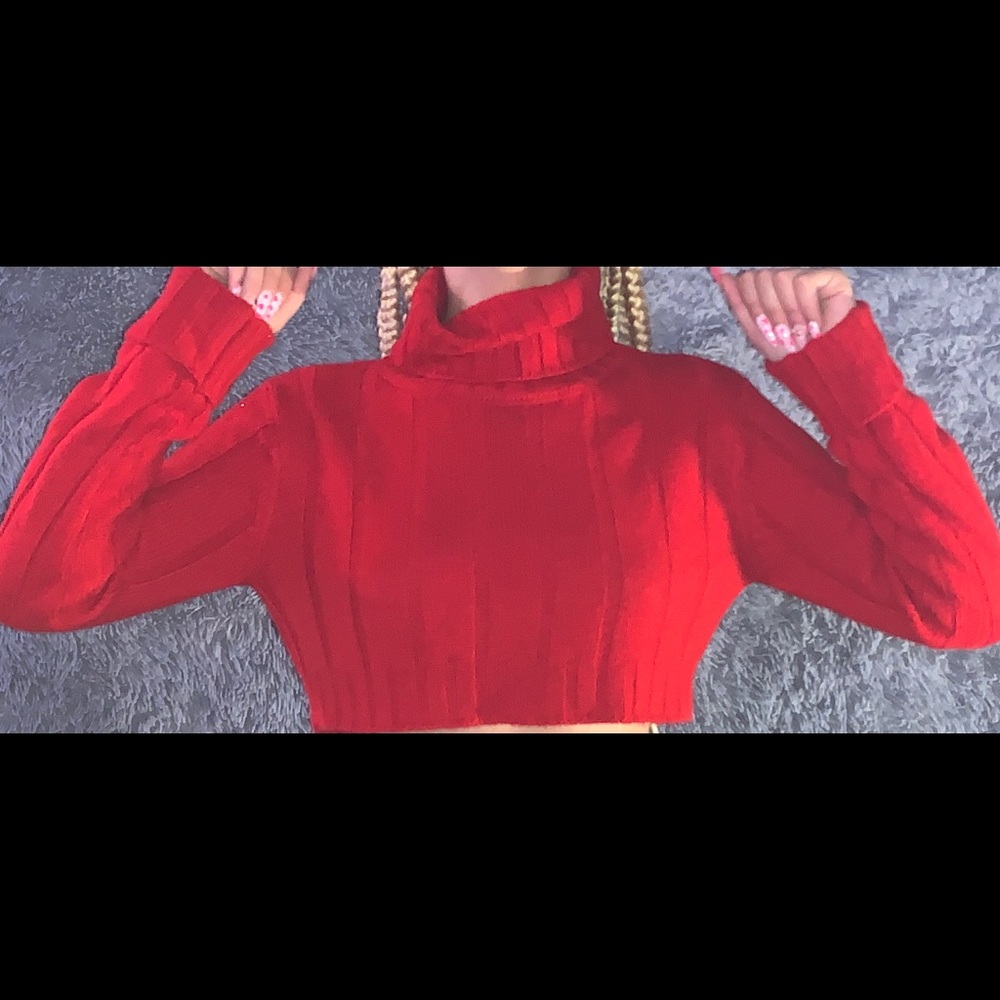 Red turtleneck crop sweater